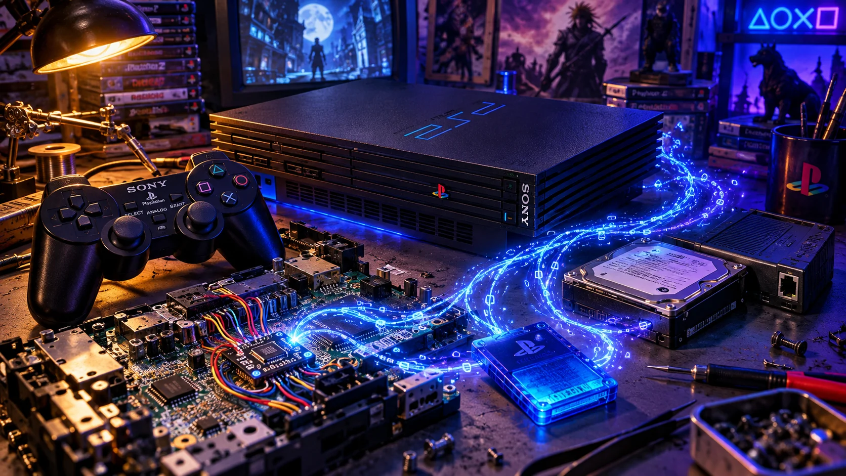 A PlayStation 2, controller, wired modchip, memory card and hard drive joined by glowing blue code trails — original editorial illustration
