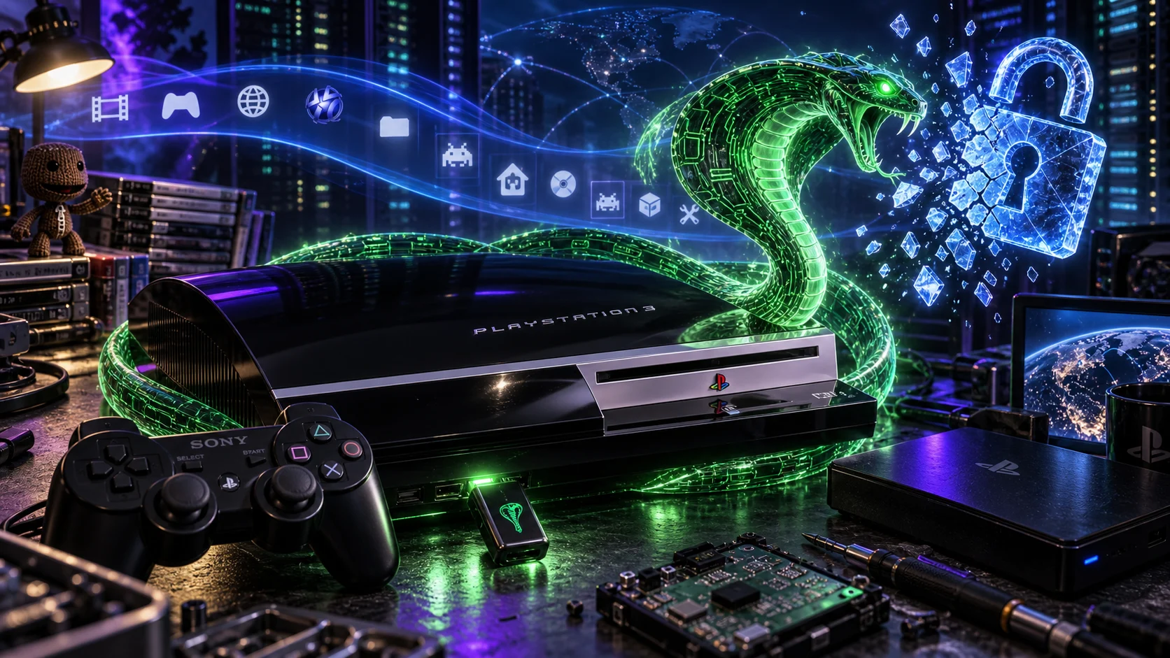 A glowing circuit-board cobra curls around a PlayStation 3 and USB dongle beside a fragmented holographic padlock — original editorial illustration