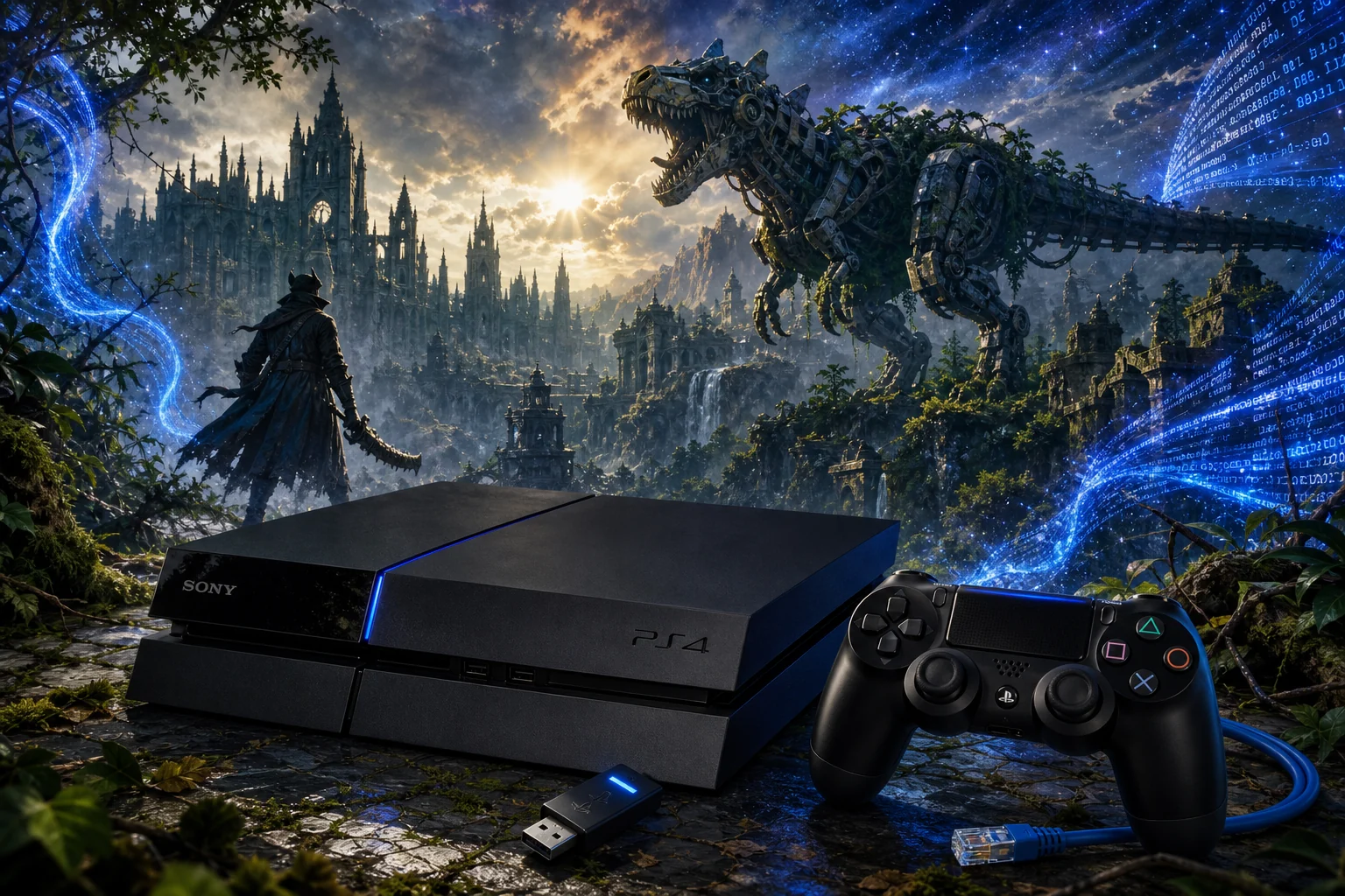 Sony PlayStation 4 hardware and imaginative gaming worlds - original editorial illustration
