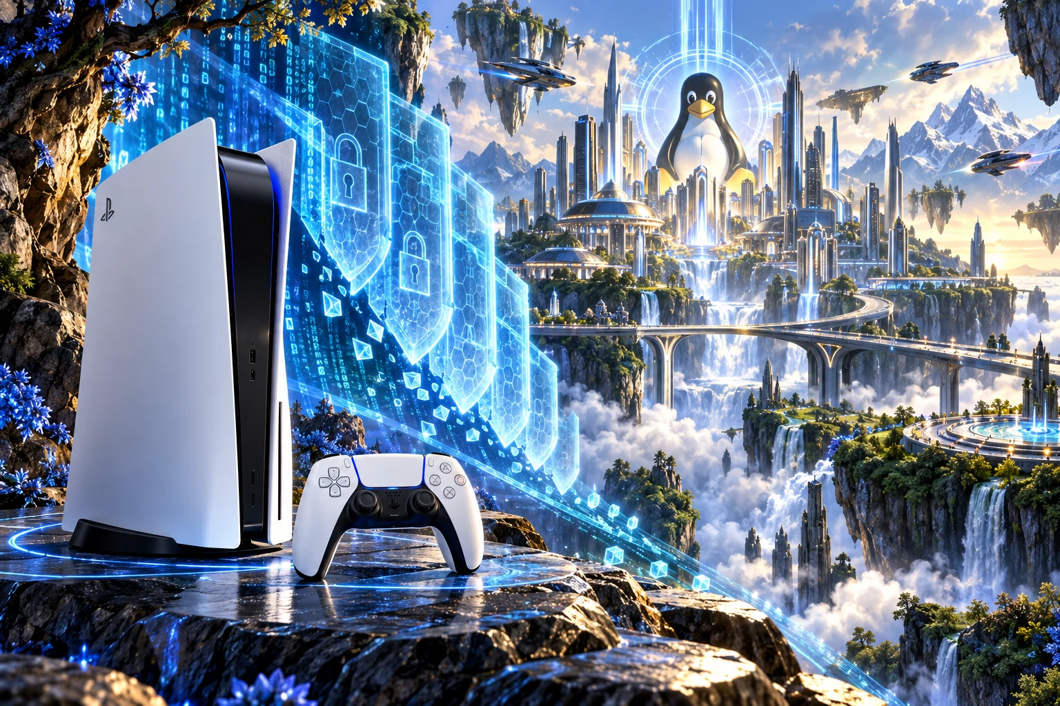 PlayStation 5 hardware and imaginative gaming worlds - original editorial illustration