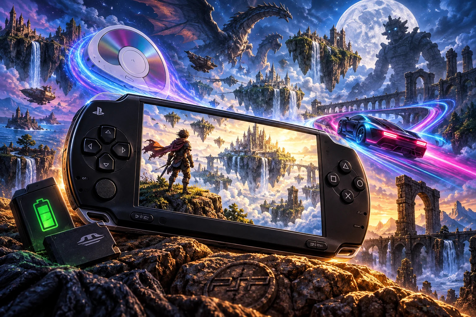 Sony PSP hardware and imaginative gaming worlds - original editorial illustration