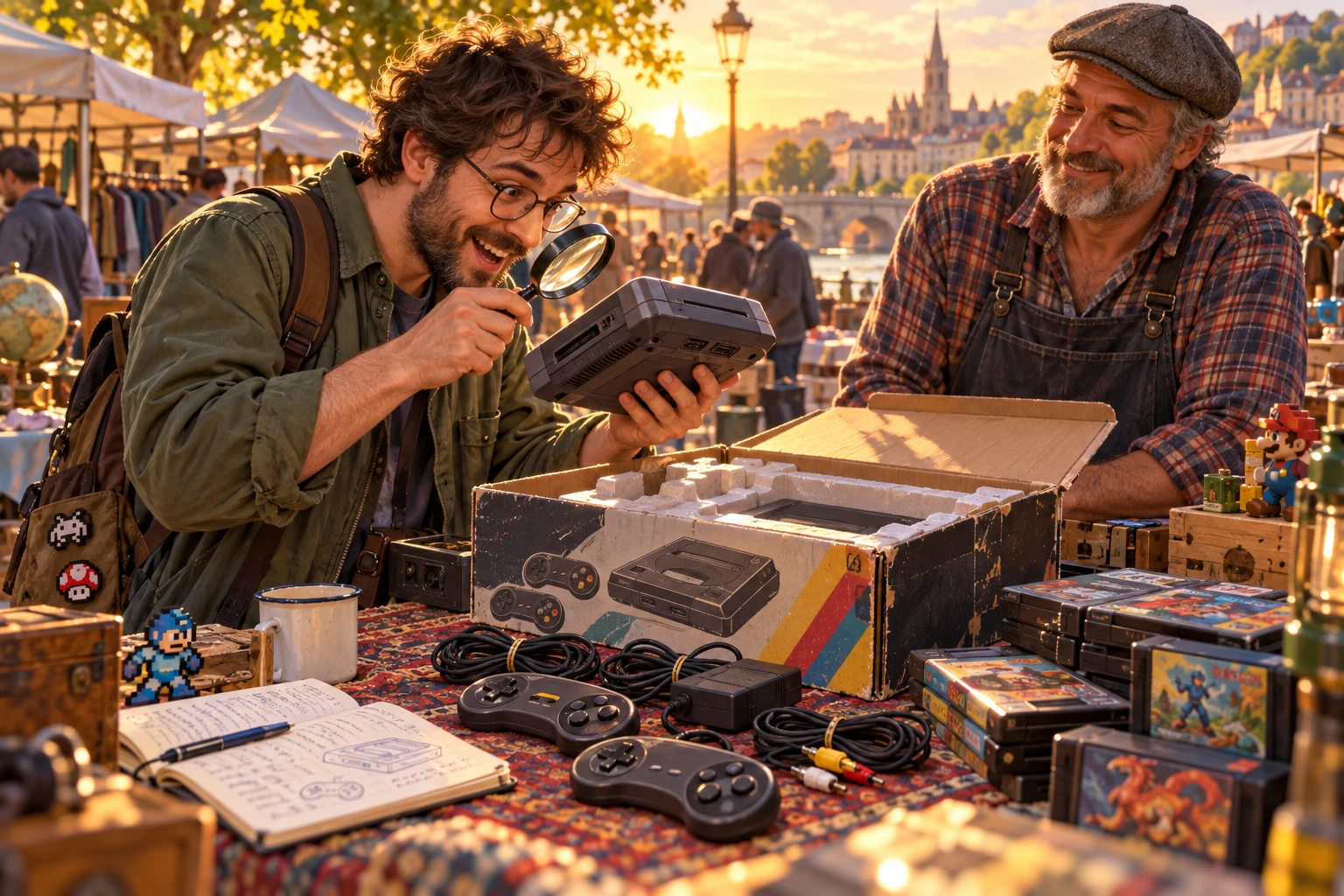 A collector inspects a retro console at a neighborhood market — editorial illustration