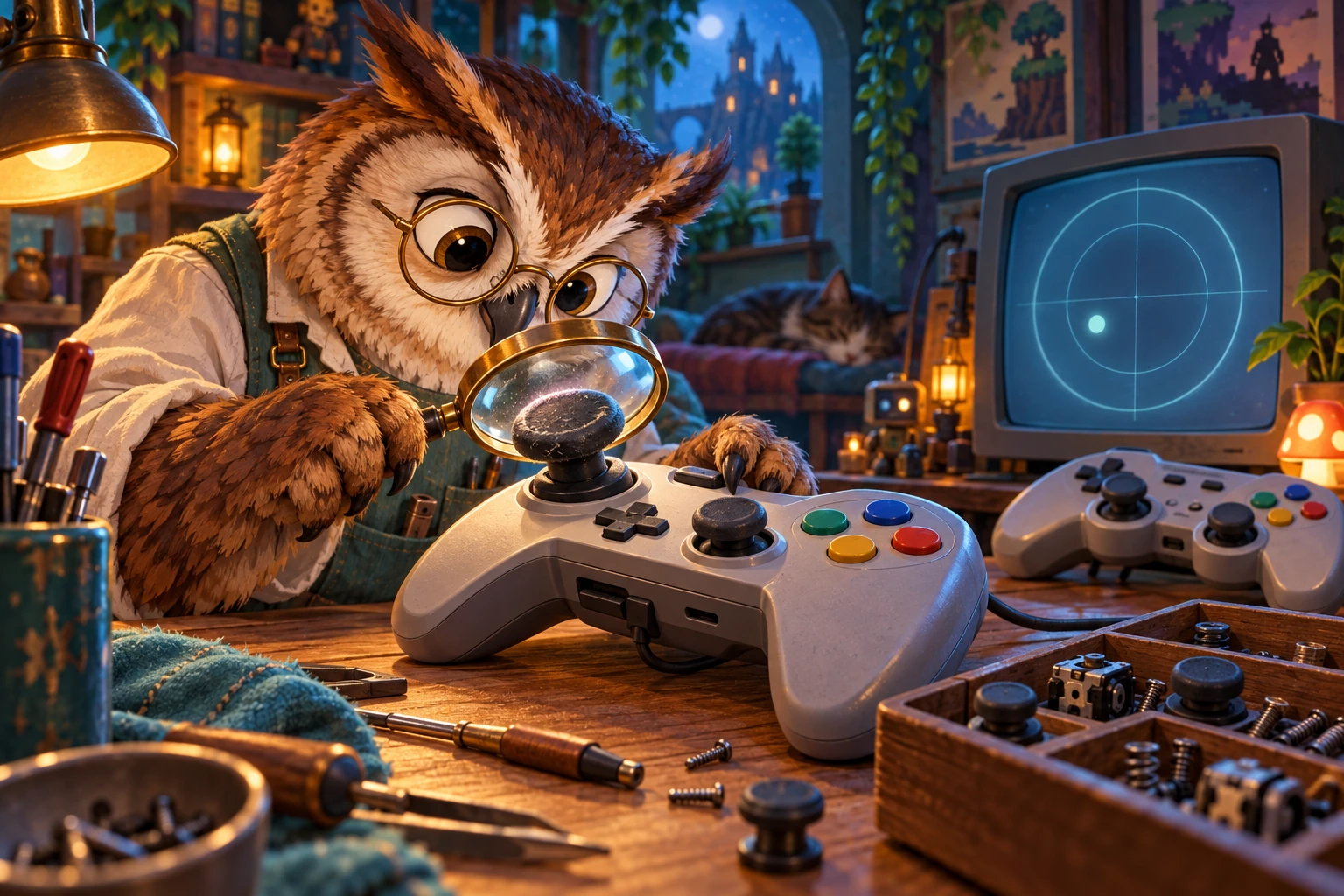 An owl tinkerer examines a retro controller analog stick at a colorful workbench — editorial illustration