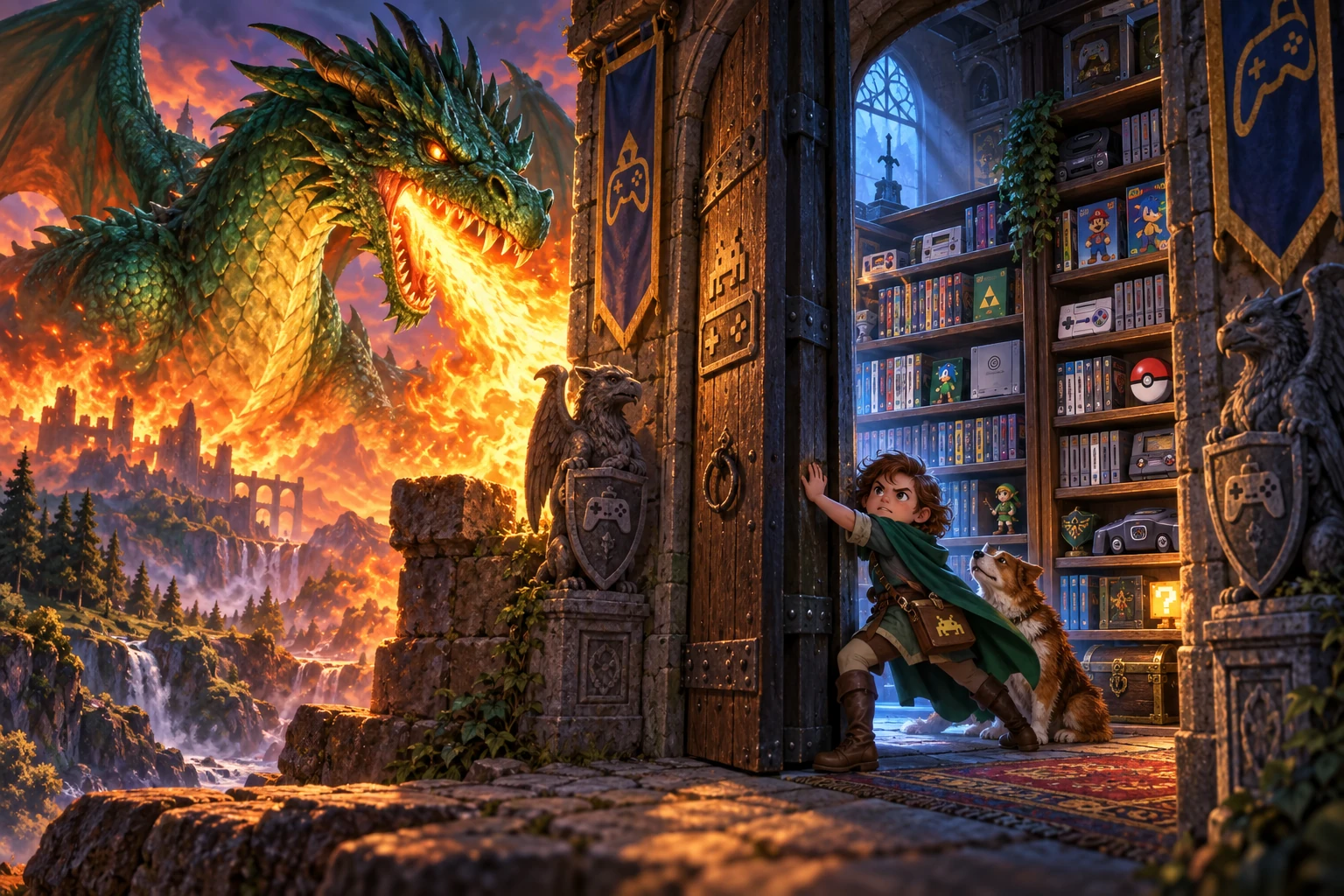 A collector protects a game archive from a fire-breathing dragon — editorial illustration