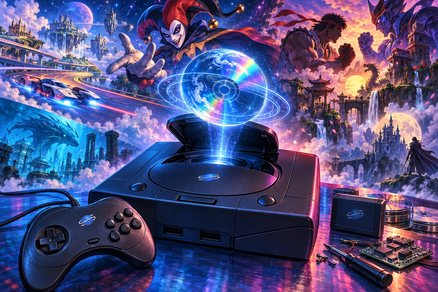 Sega Saturn hardware and imaginative gaming worlds - original editorial illustration