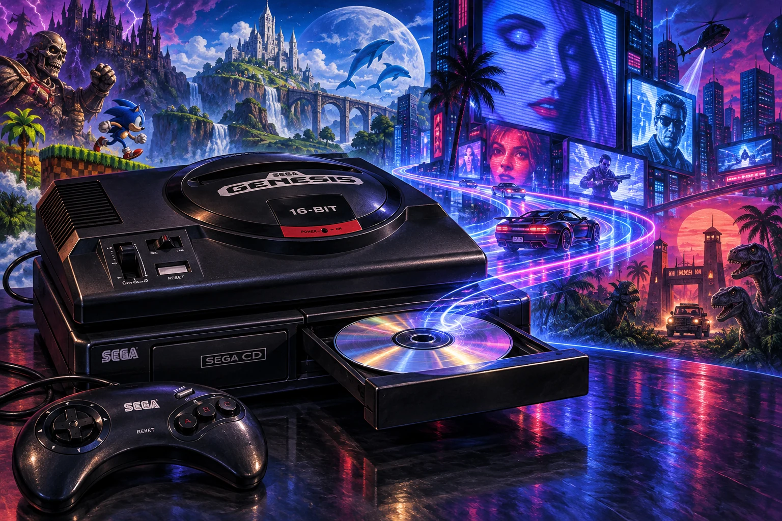 Sega CD / Mega-CD hardware and imaginative gaming worlds - original editorial illustration