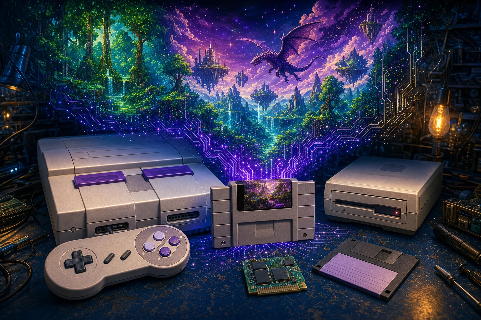 SNES console surrounded by colorful gaming worlds - original editorial illustration