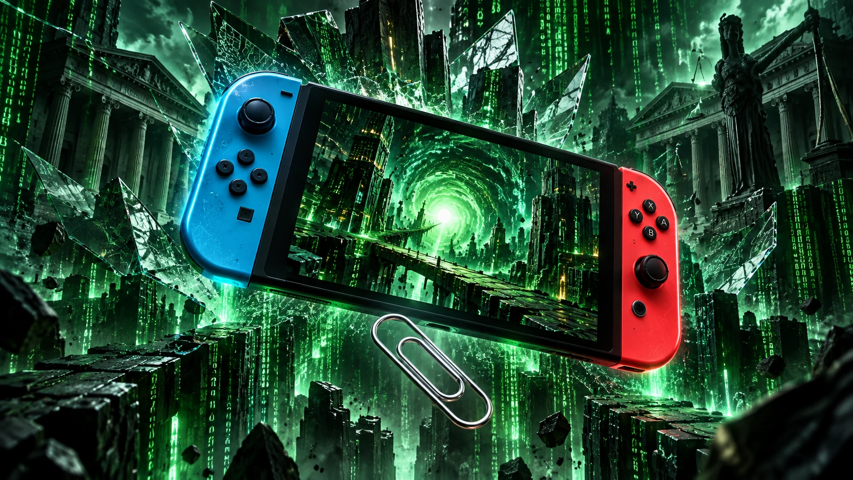 A Nintendo Switch amid green digital rain and courthouse silhouettes, with a floating silver paper clip — editorial illustration