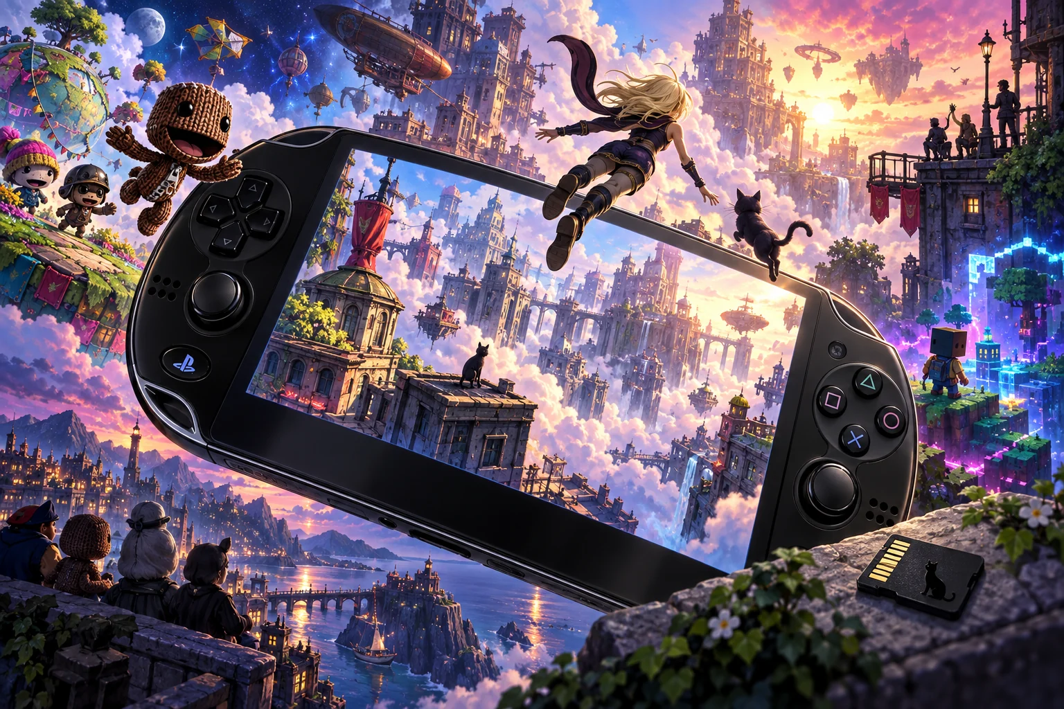 Sony PS Vita hardware and imaginative gaming worlds - original editorial illustration