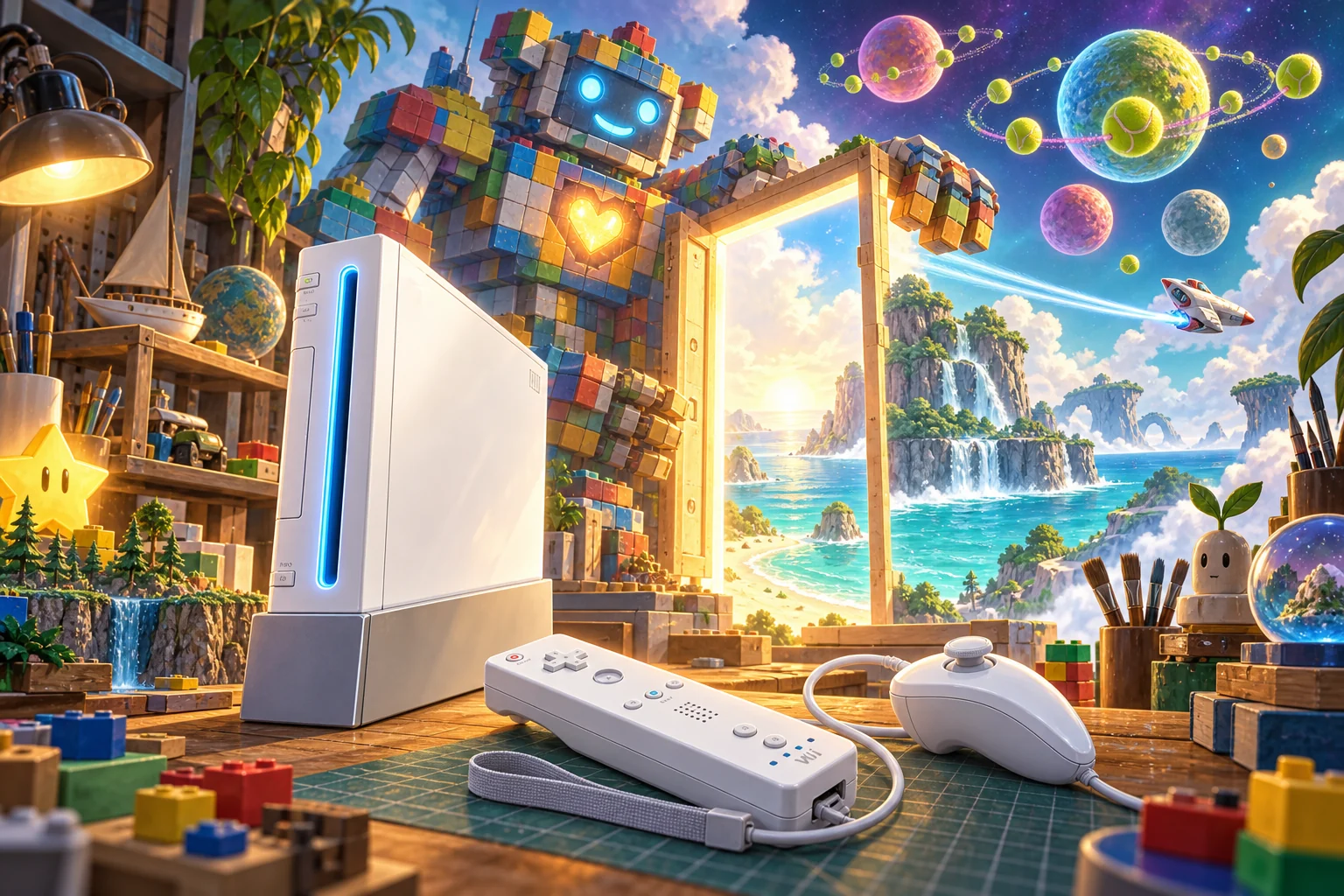 Nintendo Wii hardware and imaginative gaming worlds - original editorial illustration