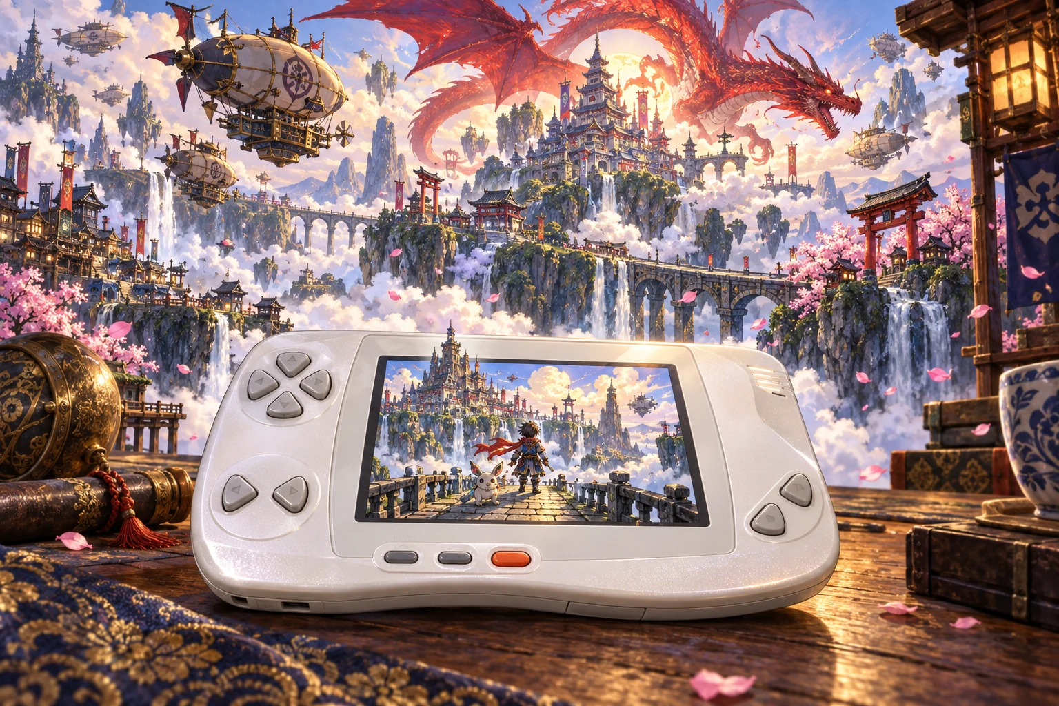 WonderSwan / WonderSwan Color hardware and imaginative gaming worlds - original editorial illustration