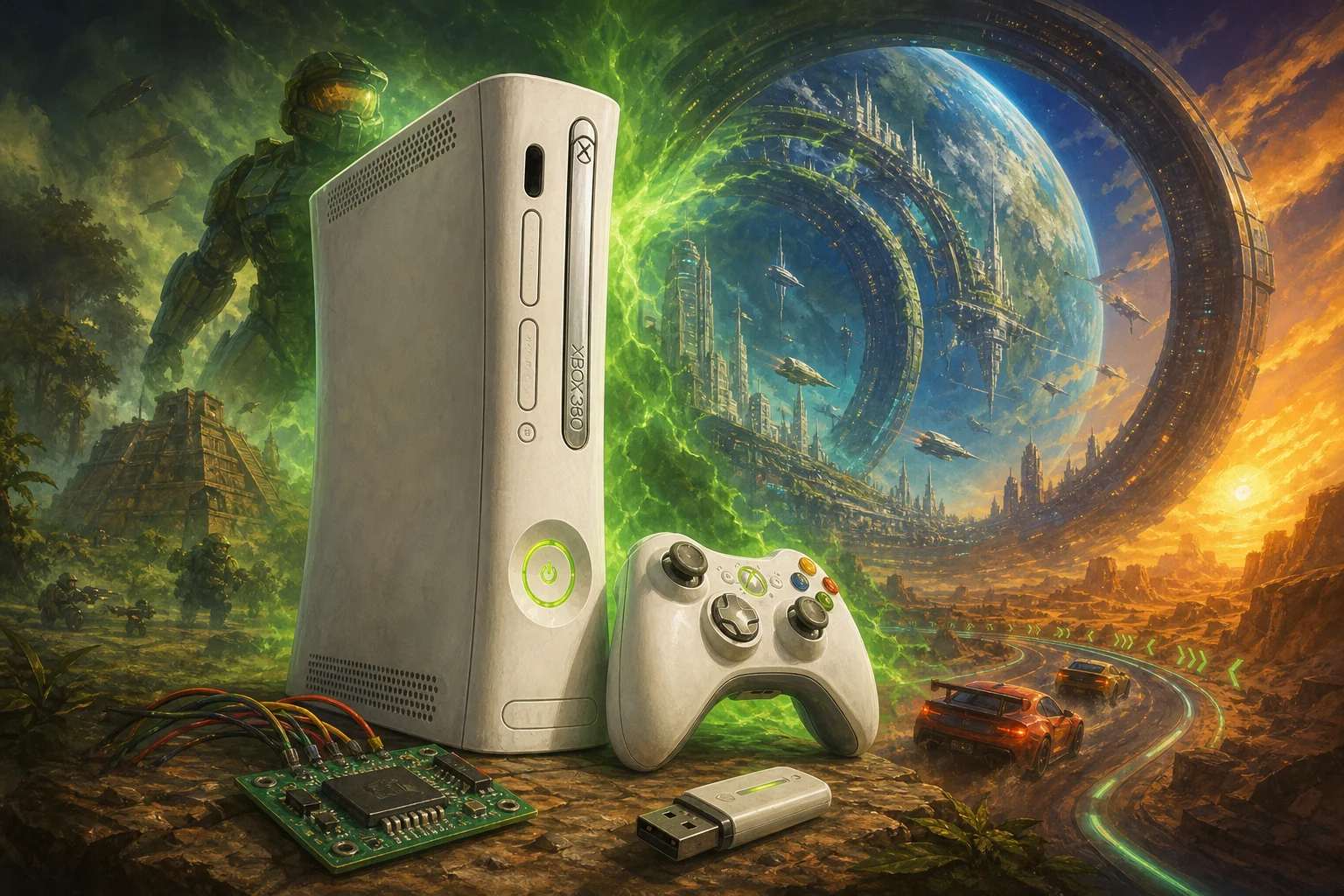 Xbox 360 hardware and imaginative gaming worlds - original editorial illustration