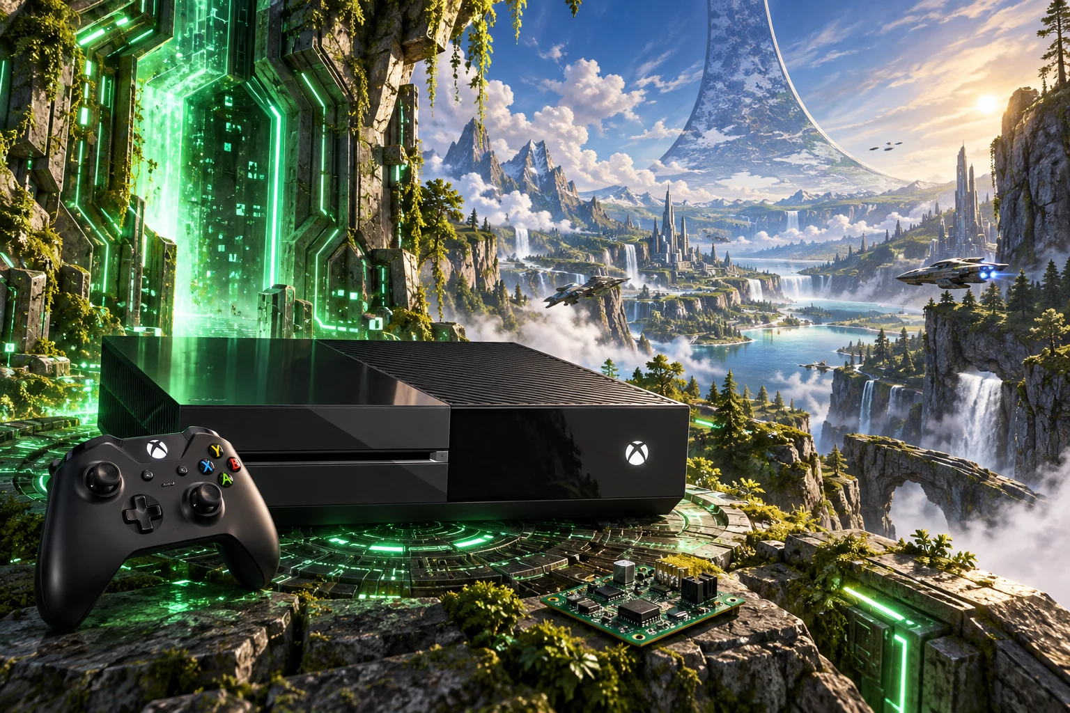 Xbox One hardware and imaginative gaming worlds - original editorial illustration
