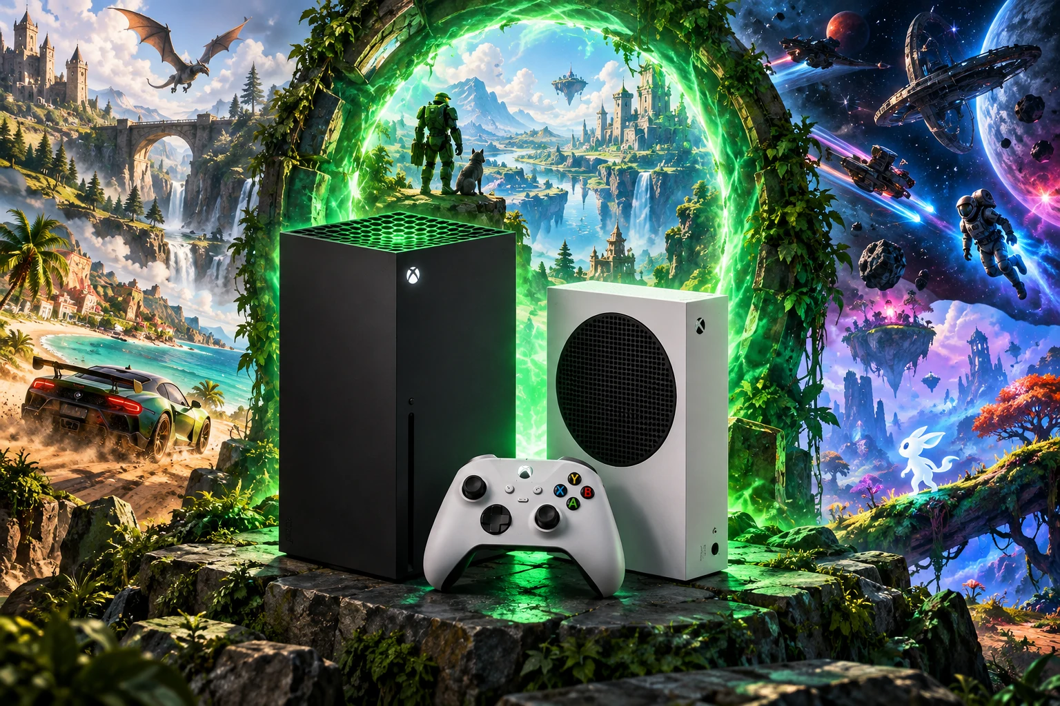 Xbox Series X / S hardware and imaginative gaming worlds - original editorial illustration